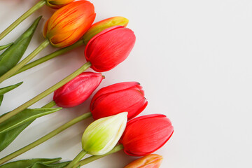 Bouquet of tulips on a white background with leaves. copy space area
