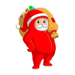 The Santa clause using the personal protective equipment's and holding the big sack of gift