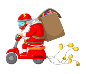 The Santa clause riding his scooter and bringing the big bag of gift for Christmas