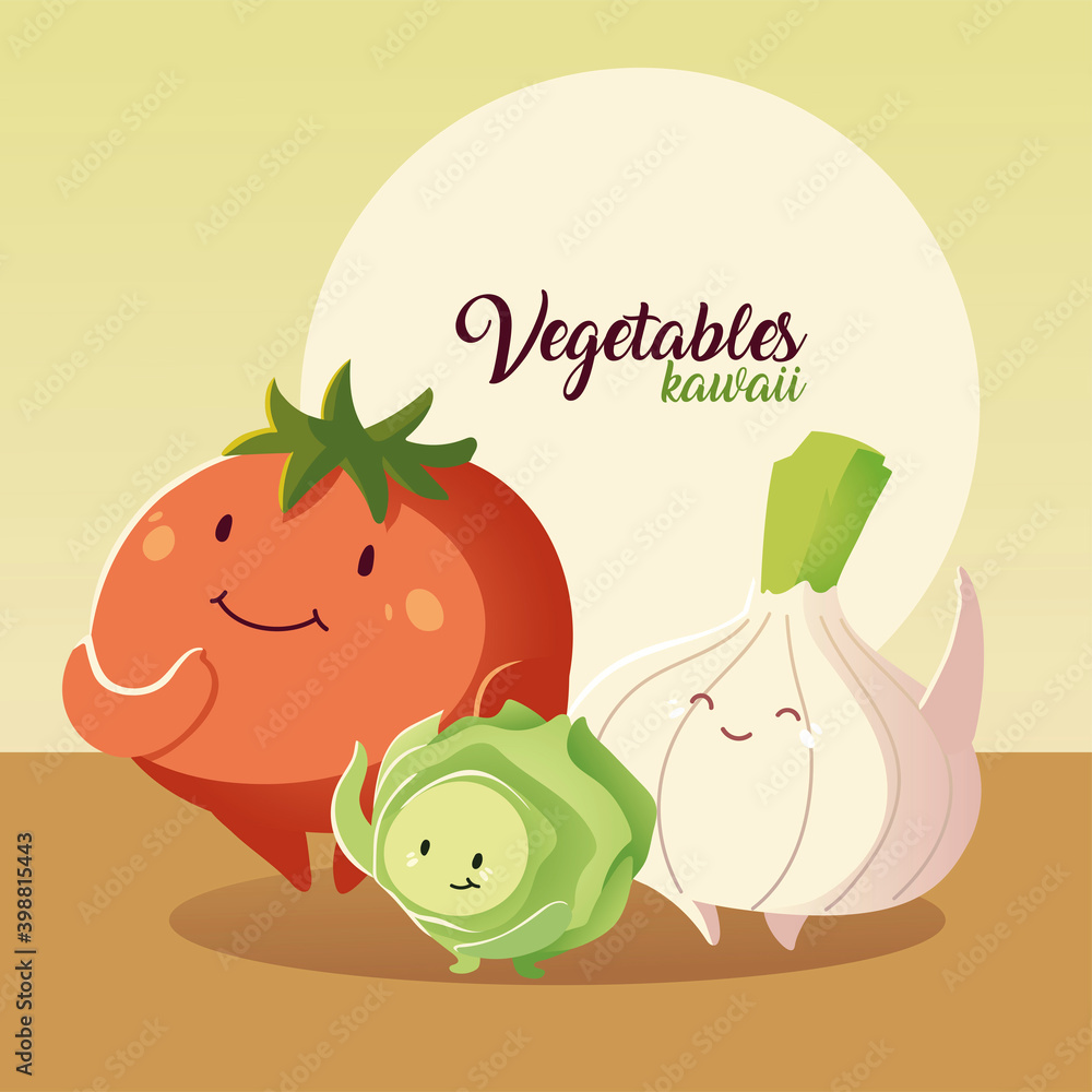 Wall mural vegetables kawaii cute tomato onion and cabbage cartoon style - Wall murals