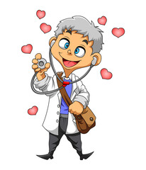 The doctor with white suite and holding the stethoscope with the love round him