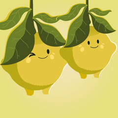 fruit kawaii cheerful face cartoon cute lemons hanging in branch tree