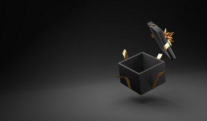 Black gift open box with golden bow on black background 3D Rendering