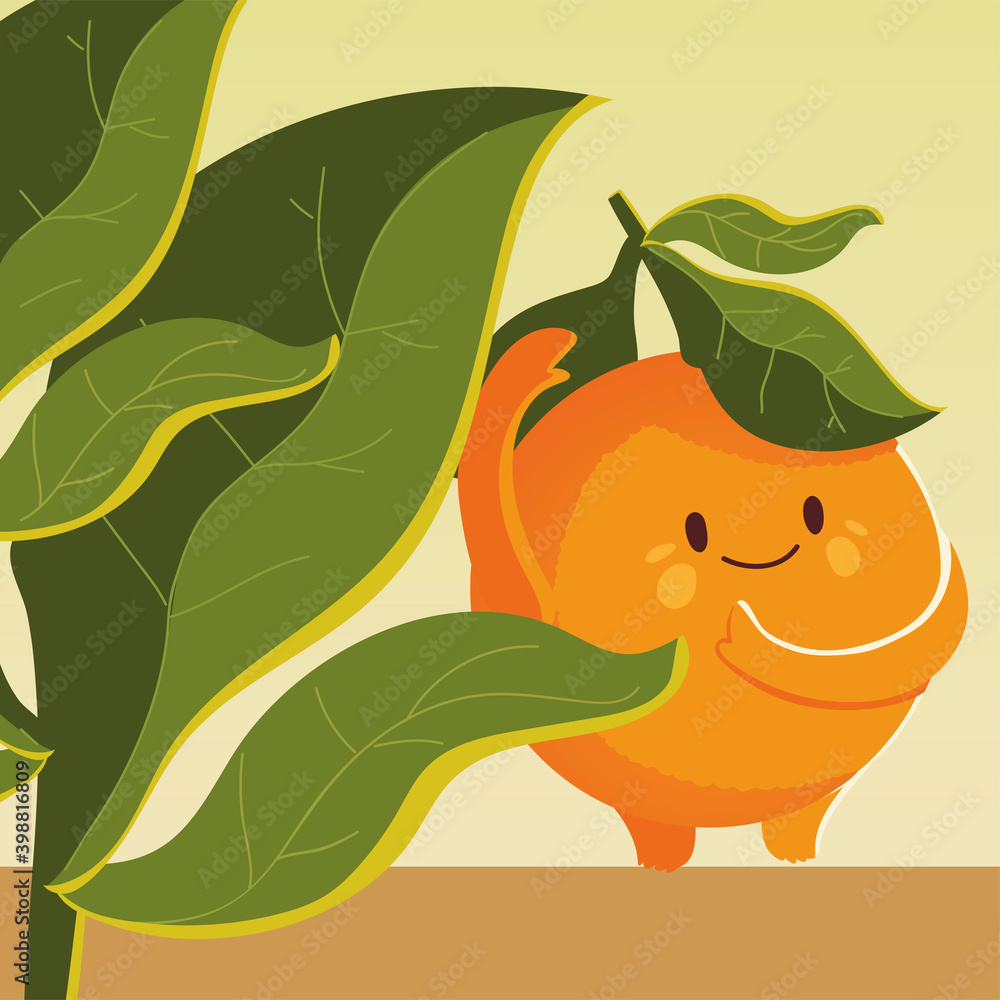 Canvas Prints fruit kawaii cheerful face cartoon cute orange with leaves - Canvas Prints