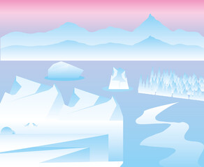 winter arctic landscape with iceberg, sea and mountains
