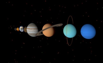 太陽系の直列【星あり】、3Dレンダリング