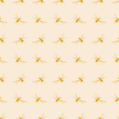 Simple seamless pattern of freehand sketch of flying bees, drawn and digitized, in two colors. Vector illustration for fashion, package design, wallpaper, textile, fabric, wrapping paper.