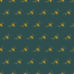 Simple seamless pattern of freehand sketch of flying bees, drawn and digitized, in two colors. Vector illustration for fashion, package design, wallpaper, textile, fabric, wrapping paper.