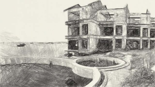 art drawing black and white of abandoned building background
