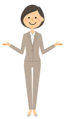 両手を広げるスーツの女性