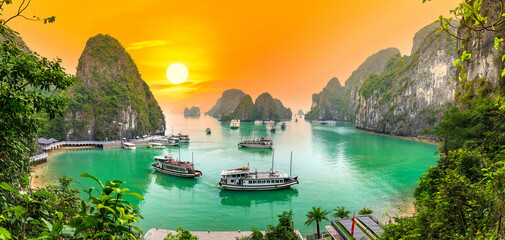 Dreamy sunset landscape Halong Bay, Vietnam view from adove. This is the UNESCO World Heritage...