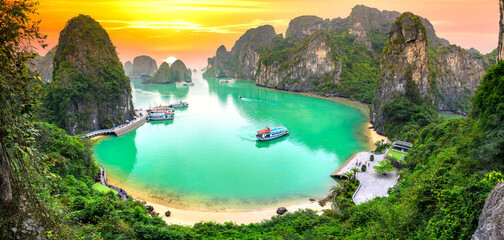 Dreamy sunset landscape Halong Bay, Vietnam view from adove. This is the UNESCO World Heritage...