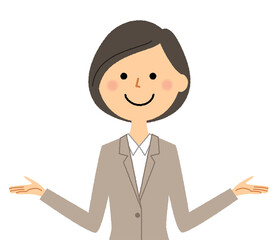 両手を広げるスーツの女性