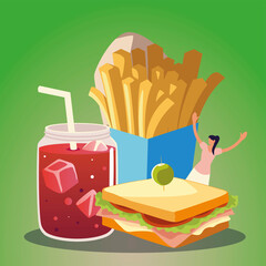 happy woman with french fries sandwich juice food