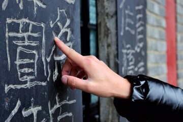 a hand pointing on a wall