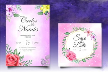 Watercolor hand drawing floral wedding invitation card