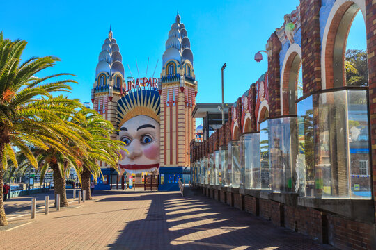 The Entrance To Luna Park Sydney And The Decorative Outer Wall Of The North Sydney Olympic Pool. Sydney, Australia, May 30 2019