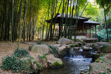 Wooden shelter in bamboo forest next to a stream. Suzhou, China.