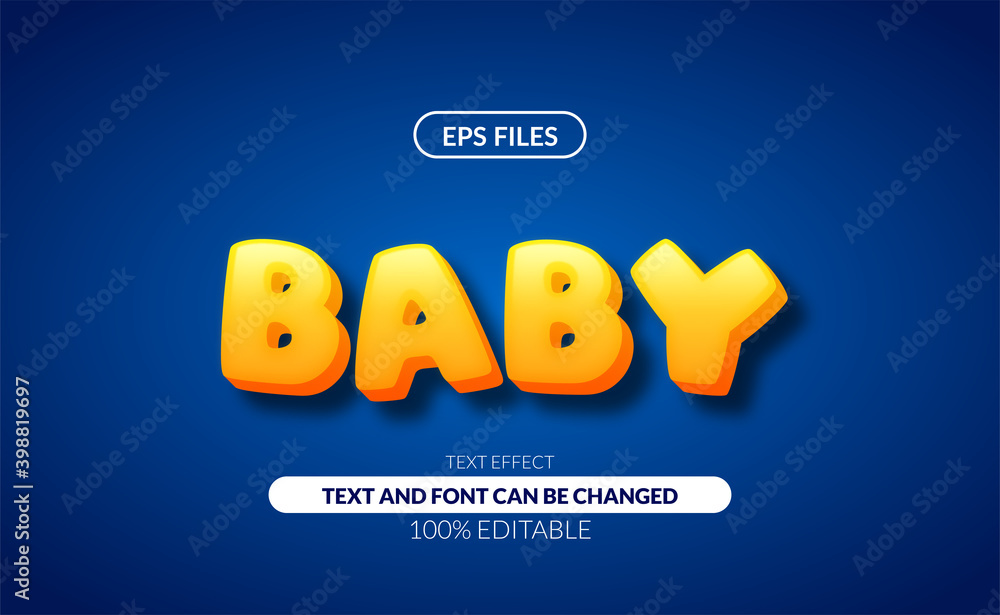 Aufkleber 3d bold baby editable text effect. eps vector file. strong yellow color for children game and displa
