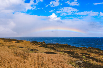 Fototapeta na wymiar Rainbow by the sea, West coast of Maui island, Hawaii