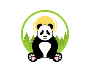 Panda sit with forest scenery behind