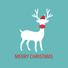 White reindeer wearing medical face mask and Santa Claus hat in flat design. Merry Christmas concept vector in covid19 Coronavirus epidemic outbreak. Season greetings.