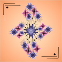 Abstract stylized pattern of pink and purple blossoms and leaves on an orange sherbet background