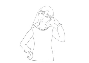 考えを悩ませ発言する20代女性の白黒イラスト