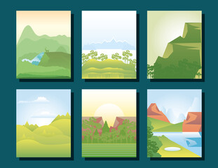 landscape collection greenery trees field mountains scenery