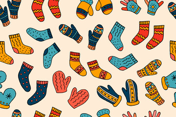 Seamless pattern of warm socks and knitted mittens. Vector hand drawn doodle illustration. Winter. Cold. Warm clothes. Background