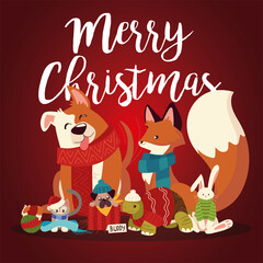 Fototapeta premium merry christmas cute animals with scarf sweater cartoon greeting card