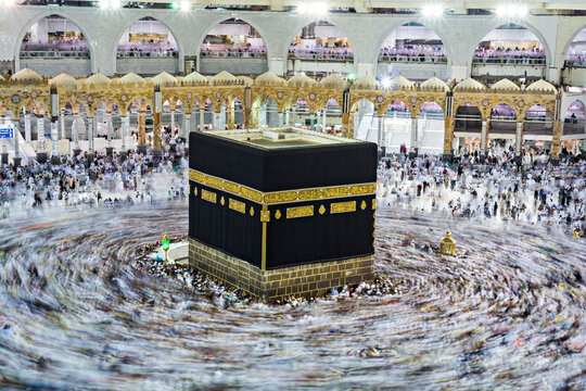 Muslim pilgrims from all around the world doing tawaf, praying around the kabah, during hajj period.