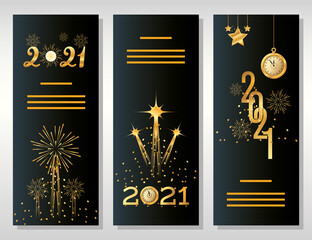 Fototapeta na wymiar happy new year greeting card with golden decoration fireworks design