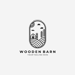 Wooden Barn Line Art Logo Vector Design Illustration Farm and Farming Fields Linear Icon Isolated, Farming and Agriculture Life Concept