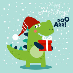 Cute winter holiday illustration with funny dinosaur. Christmas and Happy Holidays vector card
