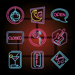neon sign icons set night club, disco and karaoke