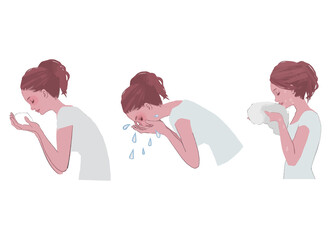 泡洗顔、洗顔、顔を拭く　女性の横顔のイラスト