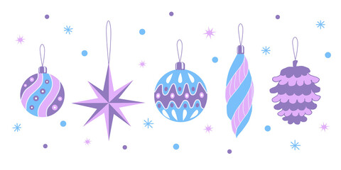 Set of Christmas Decorations in Lilac and Blue