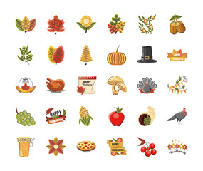 happy thanksgiving, traditional celebration autumnal season, set icons