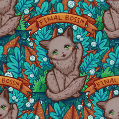 Cute Kitty Final Boss Seamless Surface Pattern Design with Quote