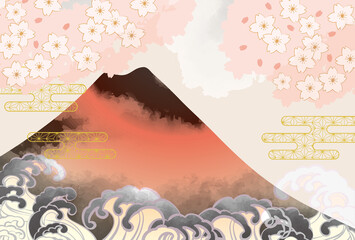 和風 桜と富士山と波の日本画風イラスト Wall Mural ヨーグル 和風 桜と富士山と波の日本画風イラスト Wall Mural ヨーグル