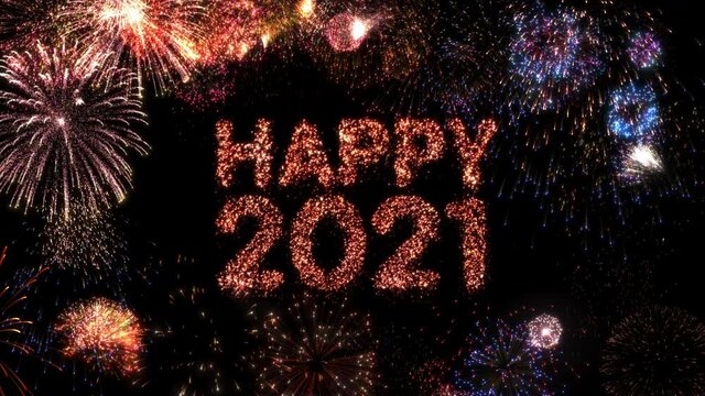 Happy 2021 greeting text with colorful fireworks and sparks on black night sky. Loop able new year animation.