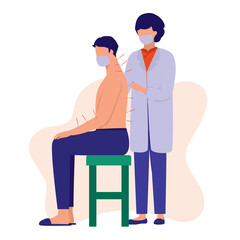 Acupuncture Social Distancing. Alternative Medicine Concept. Chinese woman acupuncturist inserting acupuncture needles into the man specific spots on his body. Vector Illustration Flat Cartoon.   