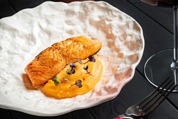 salmon steak with pumpkin puree