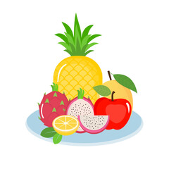 Fruit plate with pineapple, dragon fruit, apple, mango and lemon isolated on white background vector illustration. Cute fruit cartoon.