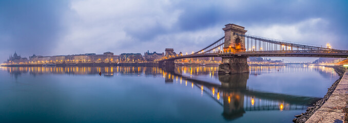 Chain Bridge panorama at blue hour in Budapest. Hungary 