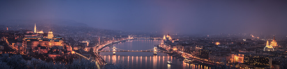 Fototapeta na wymiar Panorama of Budapest at dusk with light colour profile