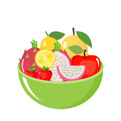 Fruit bowl with dragon fruit, mango, lemon, strawberry and apple icon isolated on white background vector illustration. Cute fruit cartoon elements. Healthy food concept.