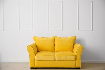 Stylish sofa near light wall in room