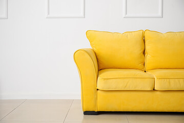 Stylish sofa near light wall in room